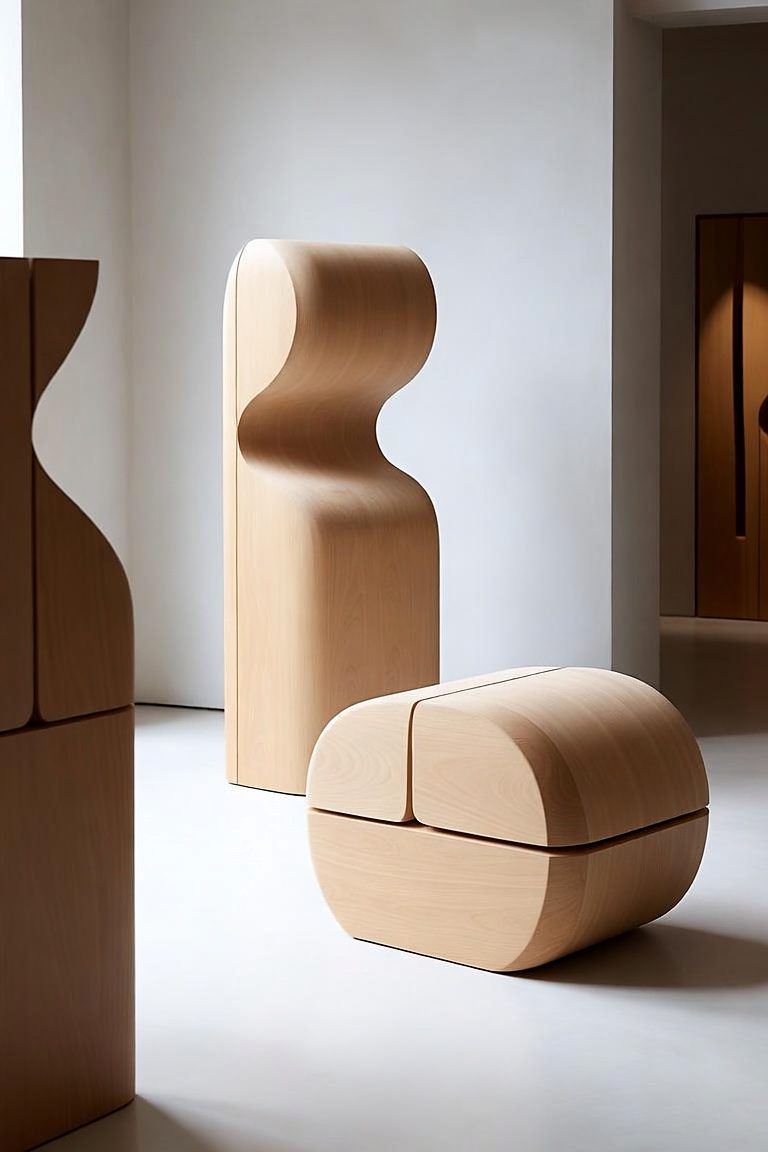 Design rendering of Seat & Figure: rounded seating beside a carved vertical form