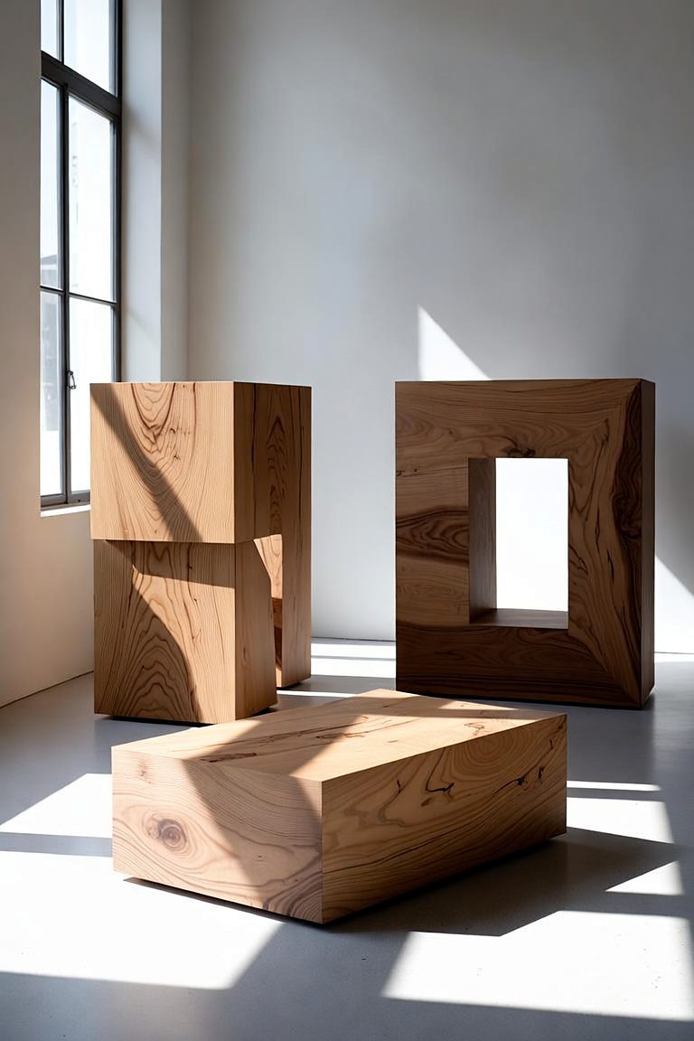 Design rendering of Monoliths: bench, plinth and open frame in solid timber