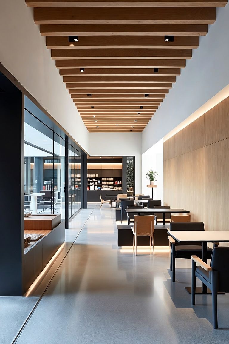 Design rendering of Batten Ceiling: repeating timber battens over a dining hall