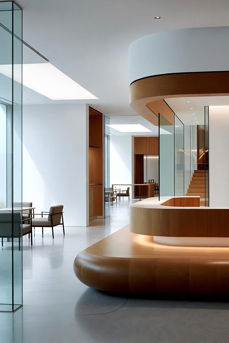 Design rendering of Curved Banquette: bent timber seating wrapped around a column