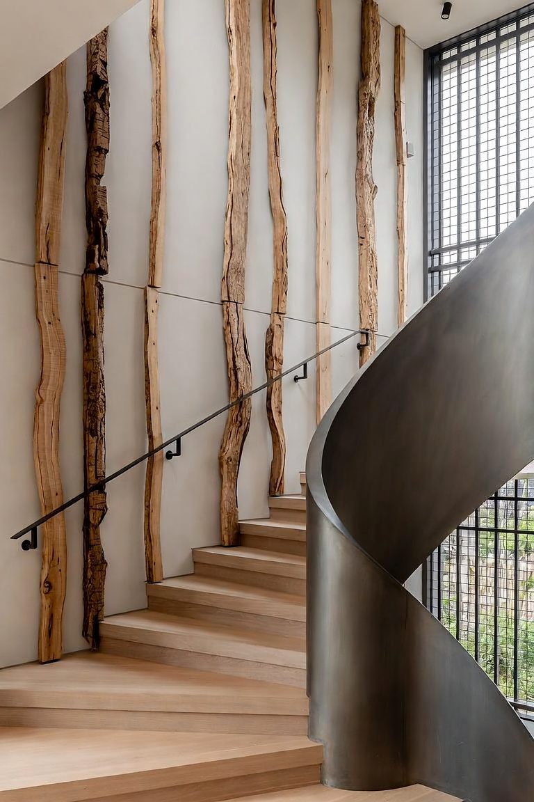 Design rendering of Stair with Live-Edge Timbers: weathered verticals beside a steel spiral