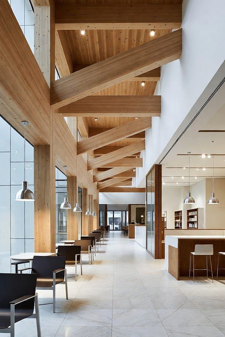 Design rendering of Timber Beam Hall: exposed beams and joinery overhead