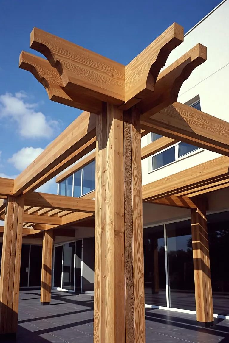 Design rendering of Bracketed Pergola: carved brackets crowning a timber post