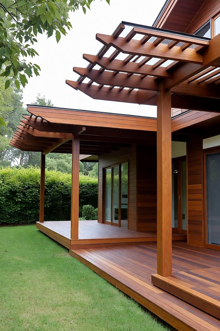 Design rendering of Deck & Pergola: hardwood deck under open rafters