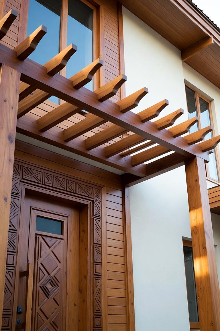 Design rendering of Entry Pergola & Carved Door: shaped rafters above a hand-carved entrance