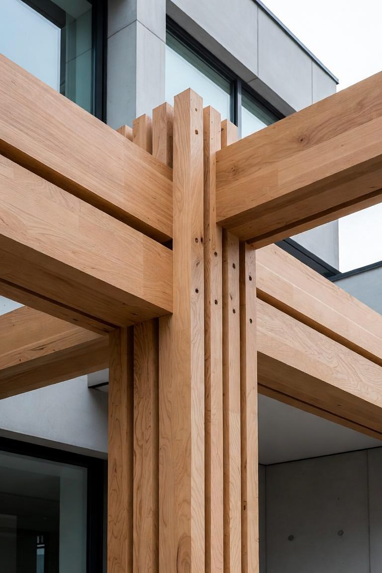Design rendering of Post & Beam Detail: layered posts with pegged connections
