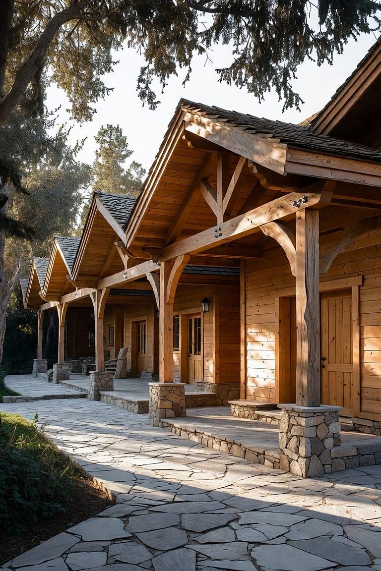 Design rendering of Timber-Frame Porches: braced frames on stone piers