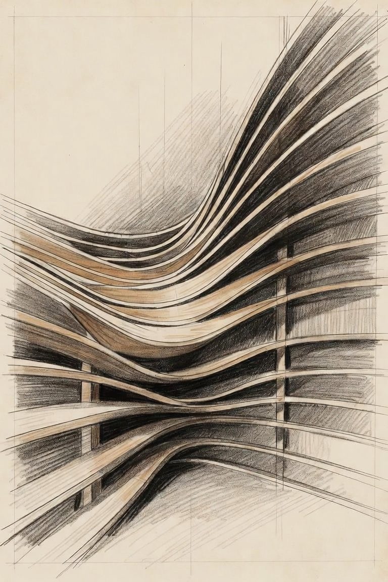 Design rendering of a pencil-style study for a relief of flowing timber slats
