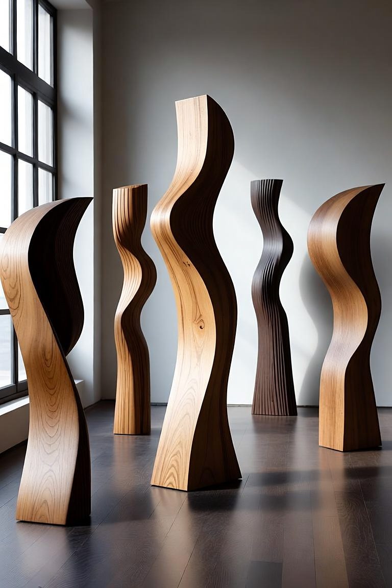 Design rendering of Standing Forms: five sculpted columns in oak and walnut