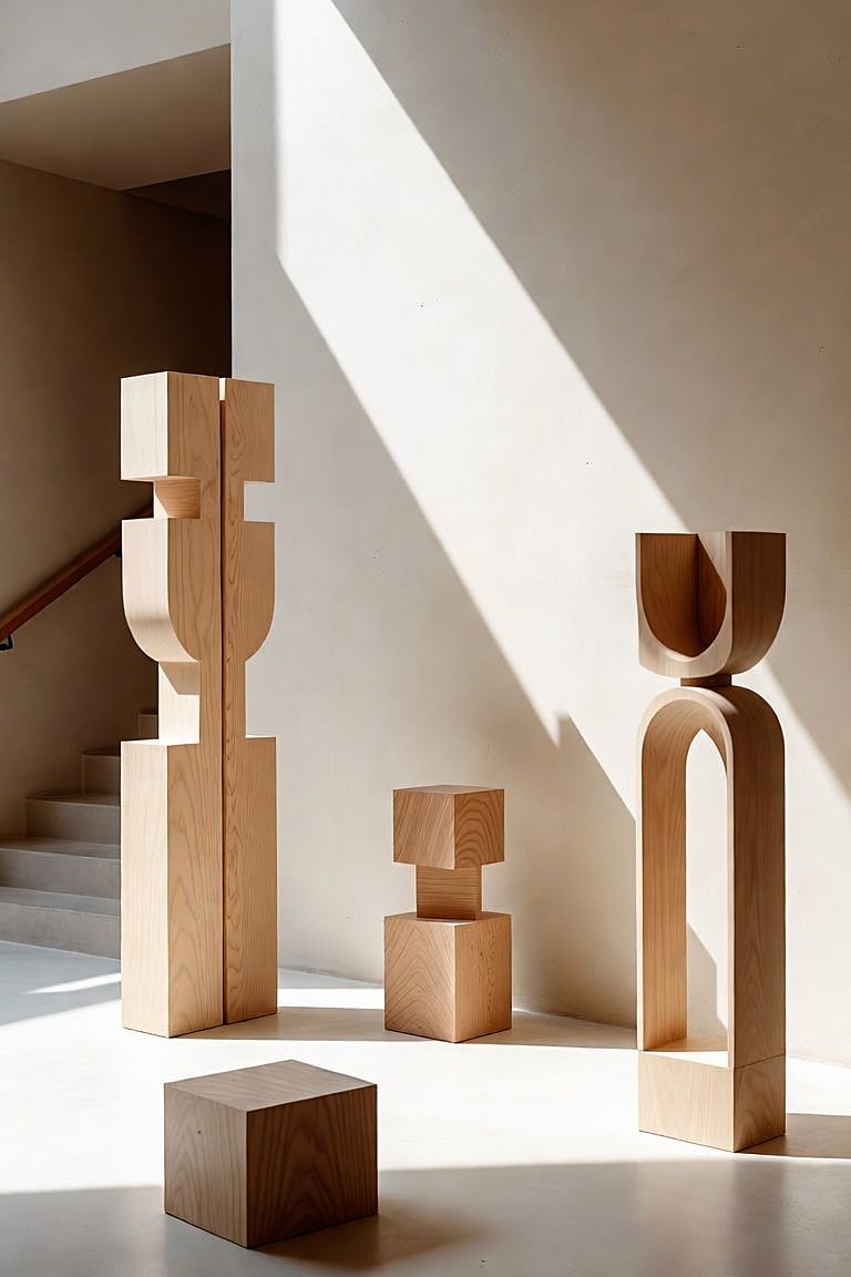 Design rendering of Totems: stacked and carved forms in pale oak