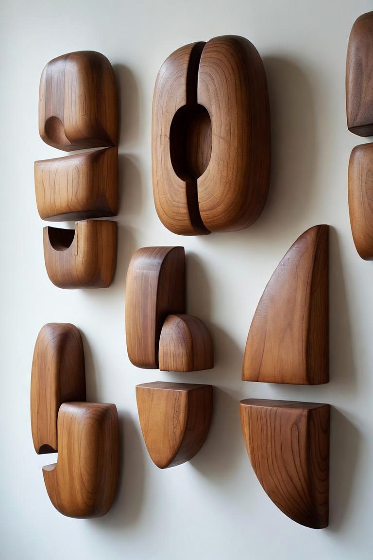 Design rendering of Wall Forms: hand-shaped walnut volumes