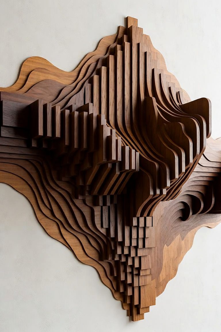 Design rendering of Terrain: stacked walnut contours in high relief