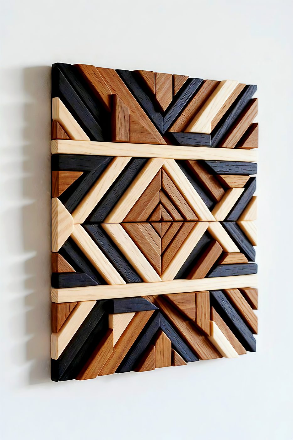 Design rendering of Geometric Relief: natural and ebonized timber in interlocking chevrons