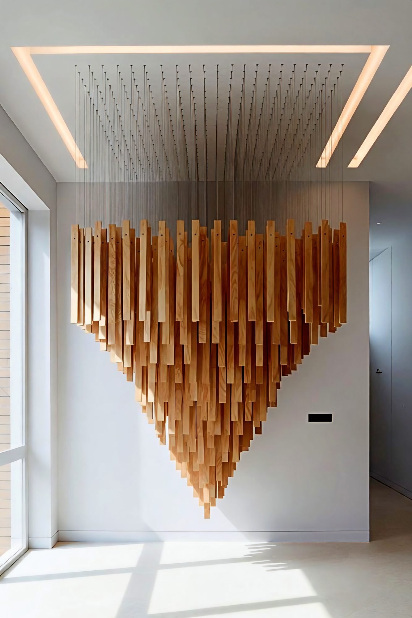 Design rendering of a suspended ceiling installation: hung timber batons resolving to a single point