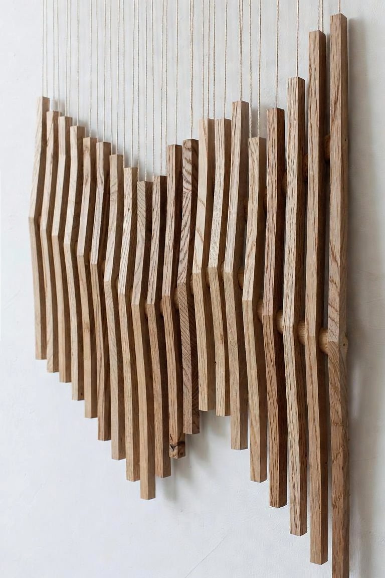 Design rendering of Drift: suspended oak staves tracing a slow wave
